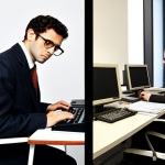 **

Prompt: "A split-screen image. On the left, a traditional Italian commercialista's office: cluttered desk, stacks of paper documents, a vintage calculator, and a stern-looking accountant in a conservative suit. On the right, a modern, minimalist office: a clean desk with a laptop, multiple monitors displaying data visualizations, and a young, stylish commercialista using a tablet. The overall style should be professional and slightly humorous, highlighting the contrast between the old and new."

**