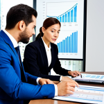 A professional accountant and a professional auditor in modest business suits, fully clothed, are collaborating in a bright, modern corporate boardroom. They are engaged in a detailed discussion, reviewing financial charts on a large digital display, with documents spread on the table. The pose is natural and professional. This image should be of high quality, with natural lighting and sharp focus. perfect anatomy, correct proportions, well-formed hands, proper finger count, natural body proportions. safe for work, appropriate content, professional dress.