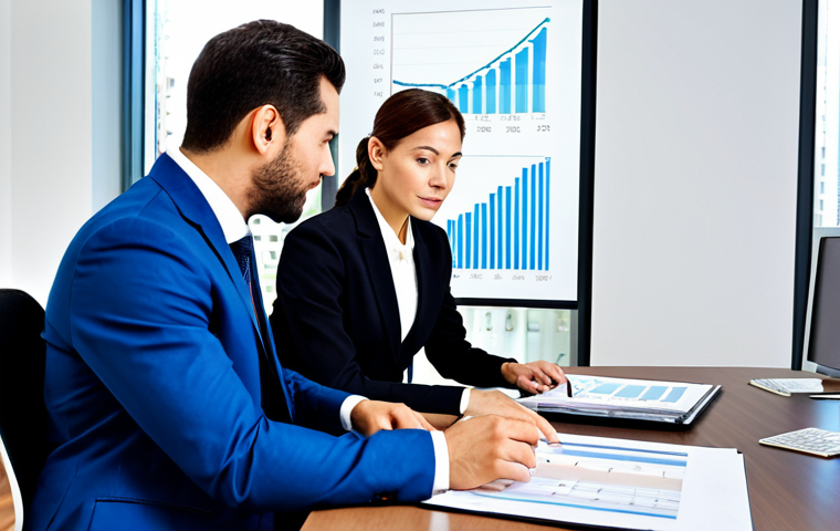 A professional accountant and a professional auditor in modest business suits, fully clothed, are collaborating in a bright, modern corporate boardroom. They are engaged in a detailed discussion, reviewing financial charts on a large digital display, with documents spread on the table. The pose is natural and professional. This image should be of high quality, with natural lighting and sharp focus. perfect anatomy, correct proportions, well-formed hands, proper finger count, natural body proportions. safe for work, appropriate content, professional dress.