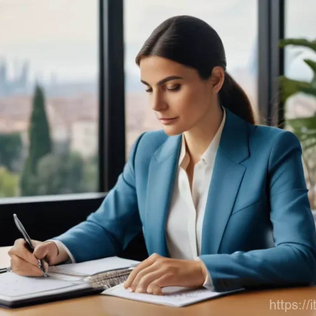 세무사 업무일기 작성법 - **Prompt:** A focused and composed Italian female commercialista (accountant) in her late 30s, profe...