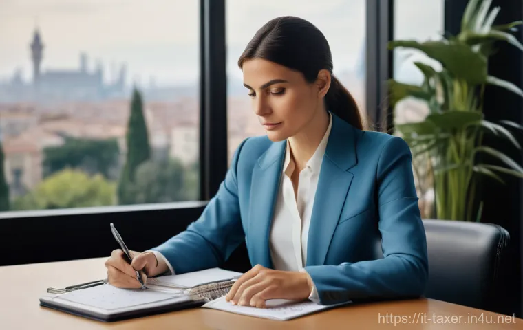 세무사 업무일기 작성법 - **Prompt:** A focused and composed Italian female commercialista (accountant) in her late 30s, profe...