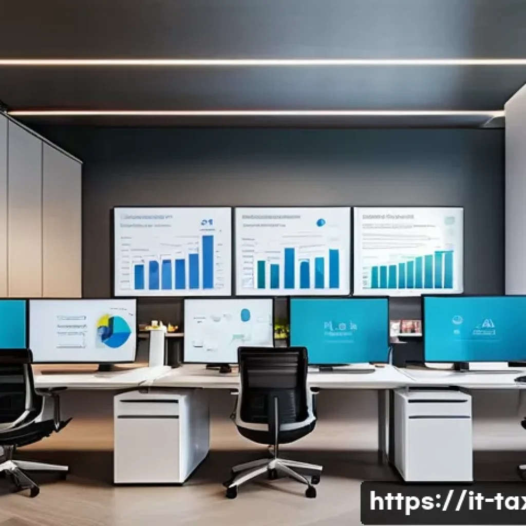 세무사와 AI 기술 융합 - A modern Italian accounting office interior with professionals using advanced AI software on multipl...