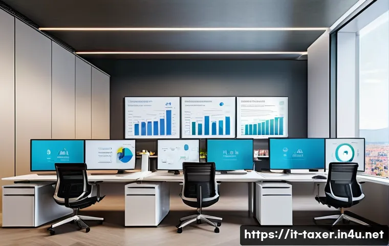 세무사와 AI 기술 융합 - A modern Italian accounting office interior with professionals using advanced AI software on multipl...