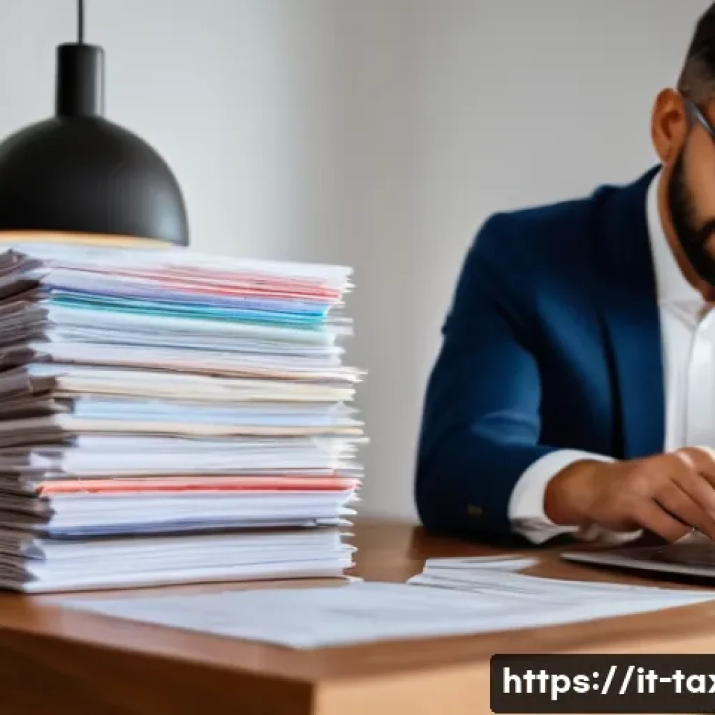 세무사와 종합소득세 신고 - A modern Italian home office scene with a middle-aged person organizing tax documents on a wooden de...