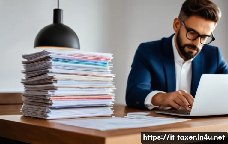 세무사와 종합소득세 신고 - A modern Italian home office scene with a middle-aged person organizing tax documents on a wooden de...