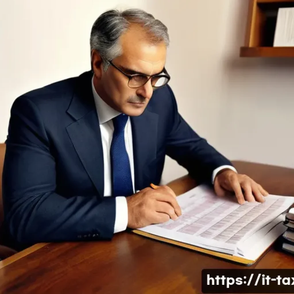세무사와 세무 조정 - A professional Italian accountant’s office scene showing a middle-aged man in business attire attent...