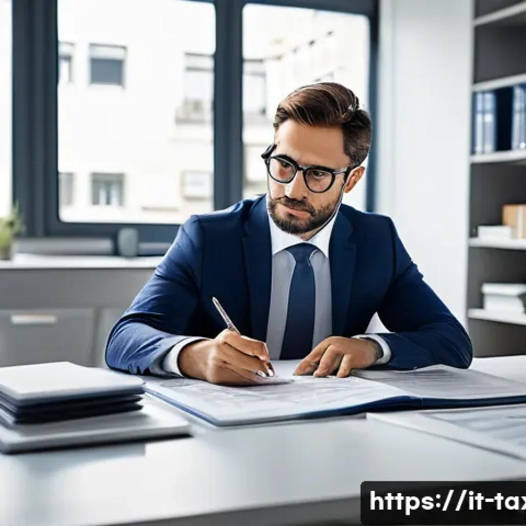 세무사 분야별 요구 역량 - A professional Italian tax consultant in a modern office setting, wearing business attire and glasse...