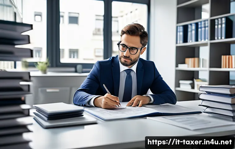 세무사 분야별 요구 역량 - A professional Italian tax consultant in a modern office setting, wearing business attire and glasse...
