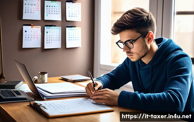 세무사 기출문제 활용법 - A focused Italian student sitting at a tidy wooden desk in a quiet, sunlit room, studying past exam ...