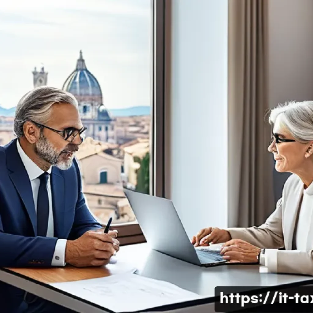 세무사와 법적 세무 지원 - A modern Italian tax consultant office scene showing a professional advisor explaining personalized ...