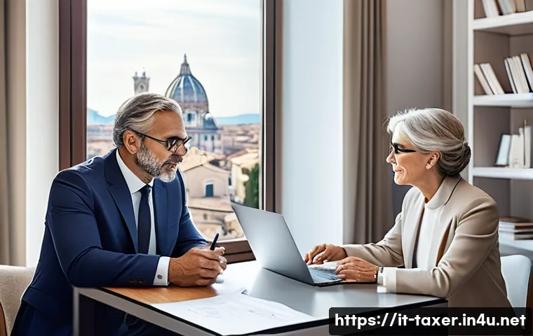 세무사와 법적 세무 지원 - A modern Italian tax consultant office scene showing a professional advisor explaining personalized ...
