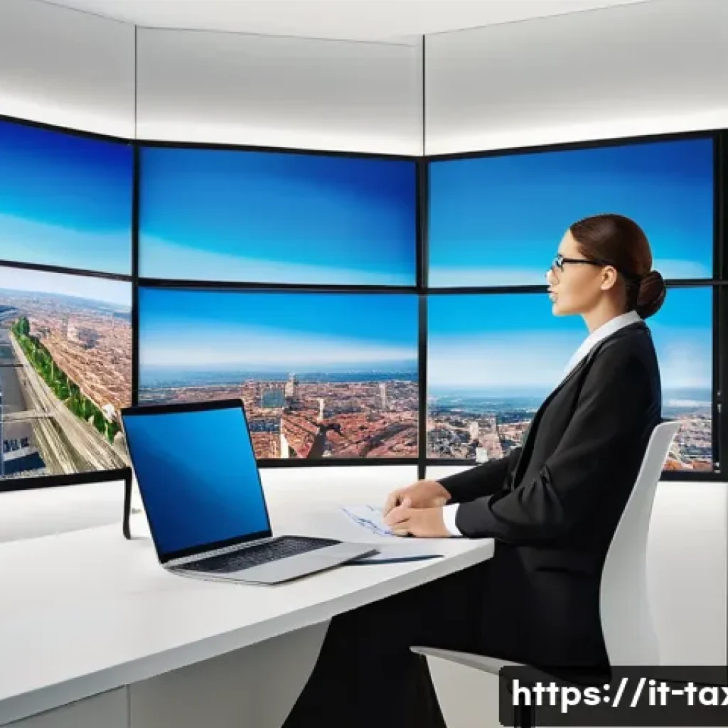 세무사 경력직 이직 팁 - A modern Italian tax consultancy office scene showing a professional woman in business attire, seate...