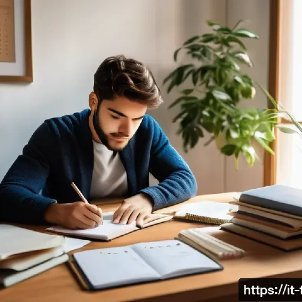 세무사 과목별 학습 방법 - A focused Italian student sitting at a tidy wooden desk in a cozy home study room, surrounded by nea...