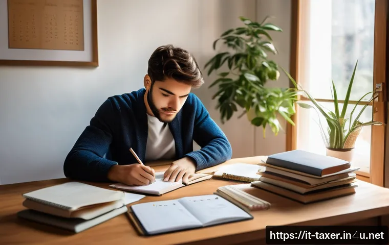 세무사 과목별 학습 방법 - A focused Italian student sitting at a tidy wooden desk in a cozy home study room, surrounded by nea...