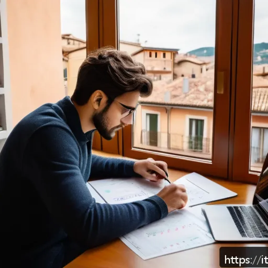 세무사 시험 준비 전략 - A focused young Italian adult studying at a modern desk in a cozy home office, surrounded by digital...
