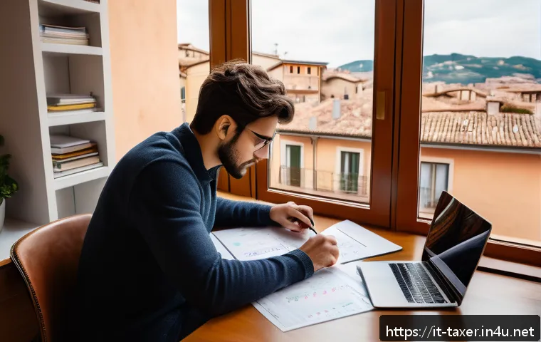 세무사 시험 준비 전략 - A focused young Italian adult studying at a modern desk in a cozy home office, surrounded by digital...
