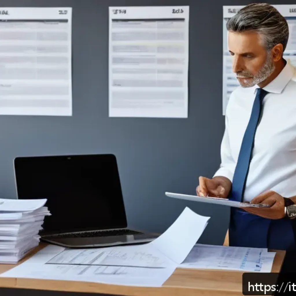 세무사와 세무 상담 사례 - A professional Italian small business office environment showing a mid-aged male entrepreneur review...