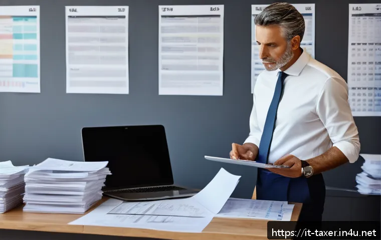 세무사와 세무 상담 사례 - A professional Italian small business office environment showing a mid-aged male entrepreneur review...