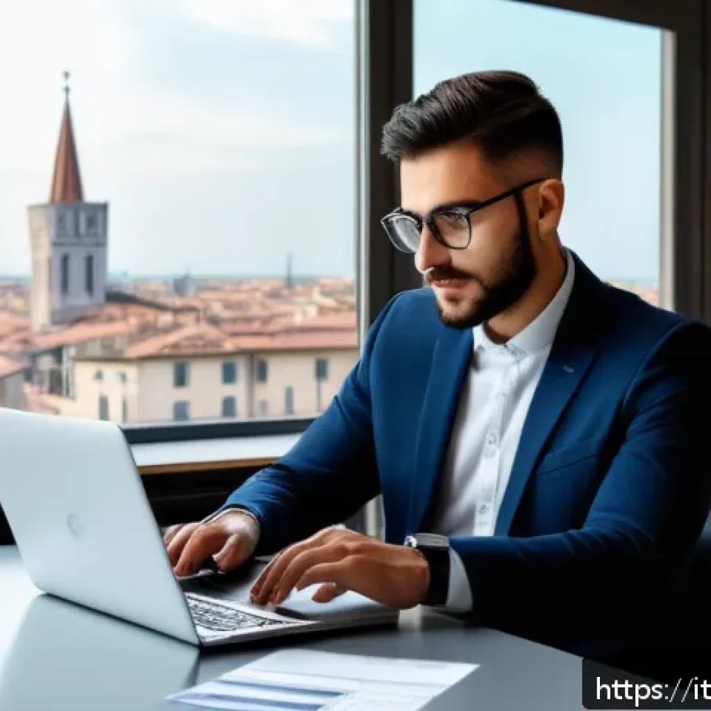 세무사와 전자세금계산서 - A modern Italian office environment with a young professional using an integrated invoicing and acco...