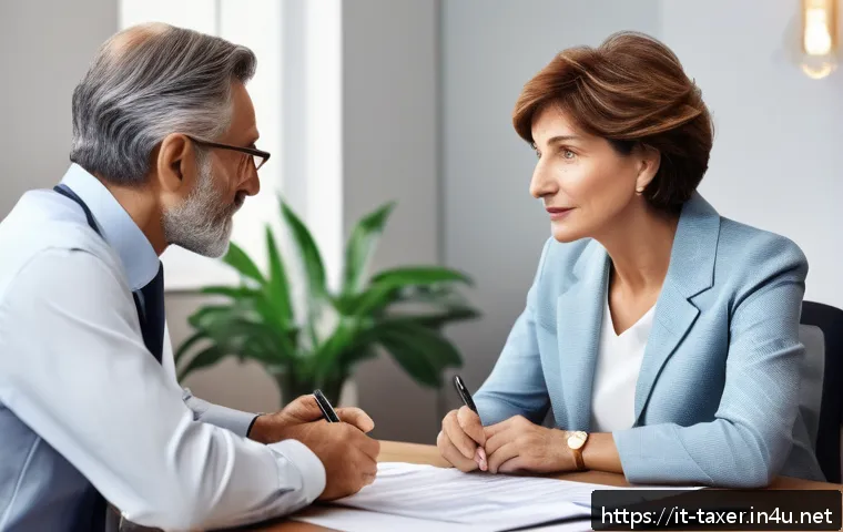 세무사와 의료비 공제 - A detailed, professional office scene showing an Italian tax consultant advising a middle-aged coupl...
