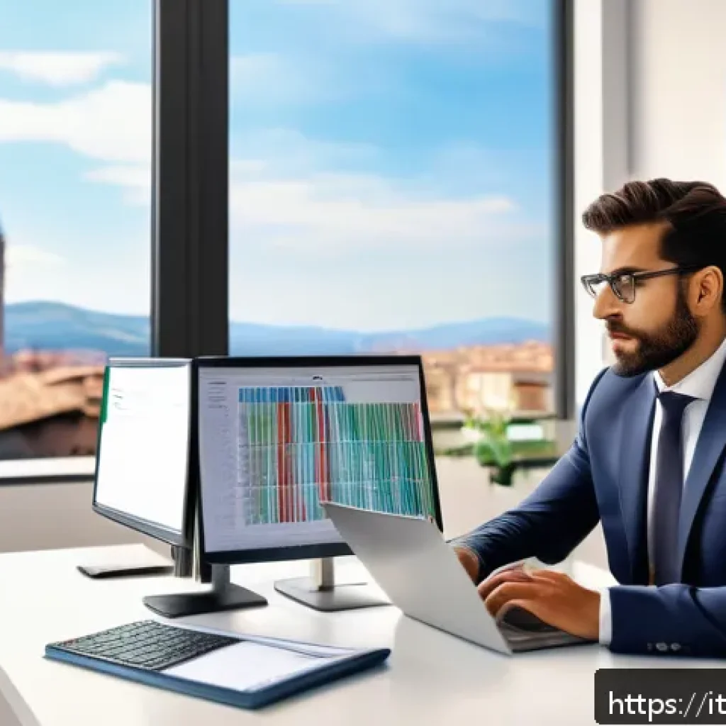 세무사와 디지털 세무 혁신 - A modern Italian accountant’s office scene featuring a professional wearing business attire, working...