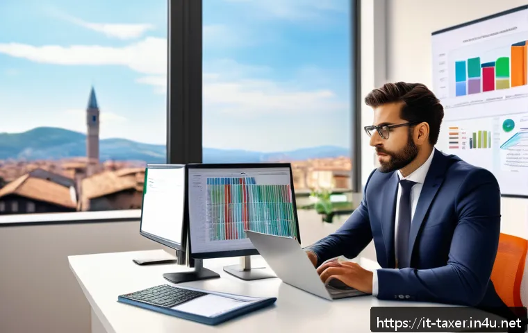 세무사와 디지털 세무 혁신 - A modern Italian accountant’s office scene featuring a professional wearing business attire, working...