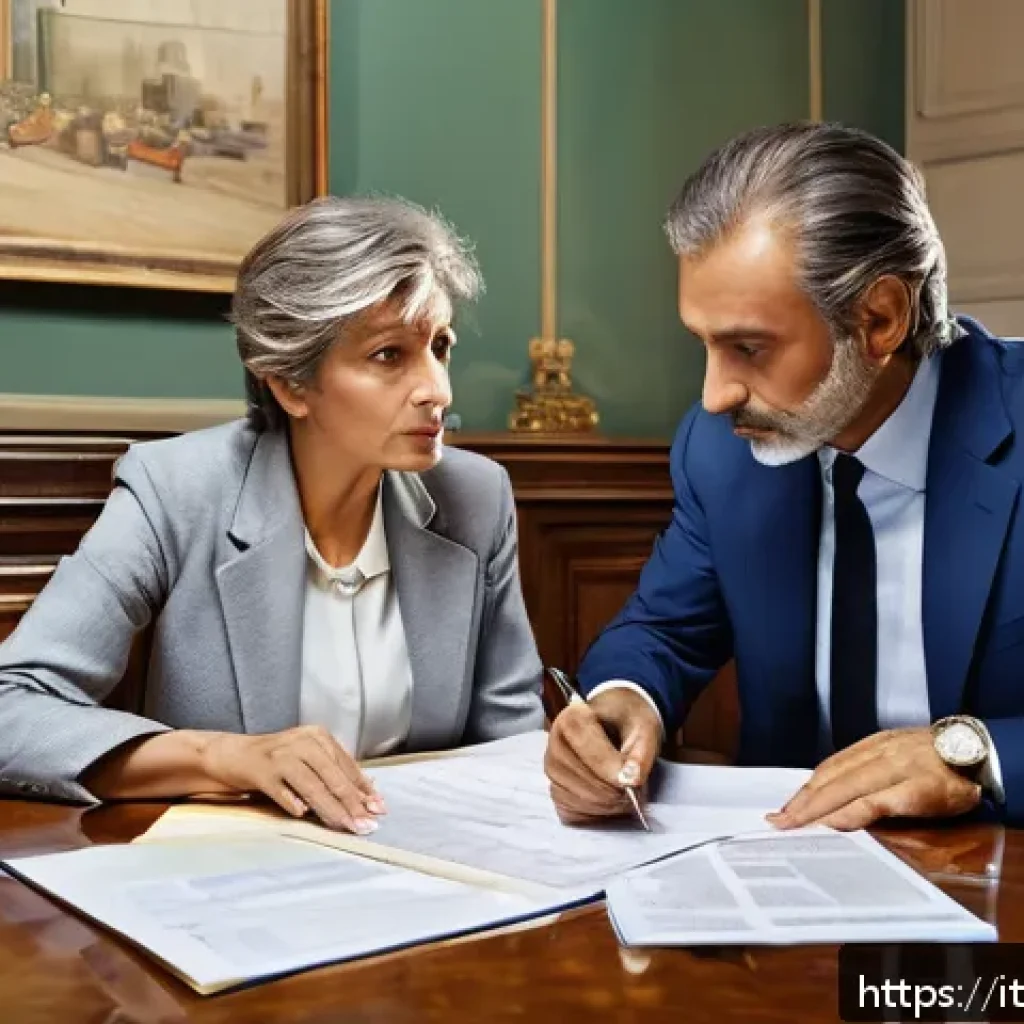 세무사와 상속세 신고 - A professional Italian office scene showing a middle-aged man and woman consulting with a tax adviso...