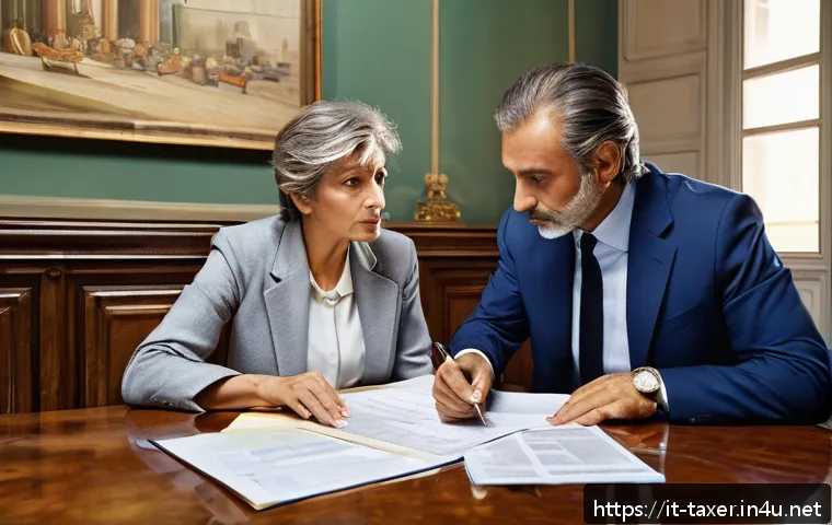 세무사와 상속세 신고 - A professional Italian office scene showing a middle-aged man and woman consulting with a tax adviso...