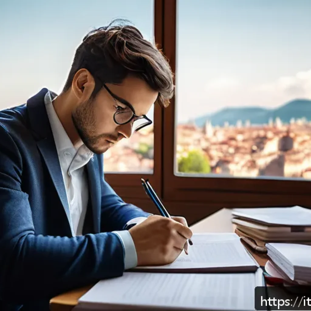 세무사 시험 합격 후기 분석 - A focused Italian adult student studying at a modern desk with textbooks on tax law, accounting, and...
