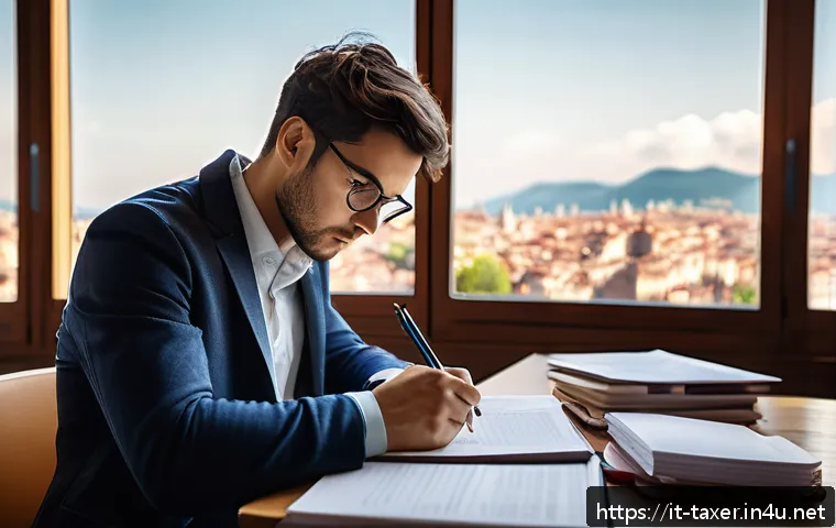 세무사 시험 합격 후기 분석 - A focused Italian adult student studying at a modern desk with textbooks on tax law, accounting, and...
