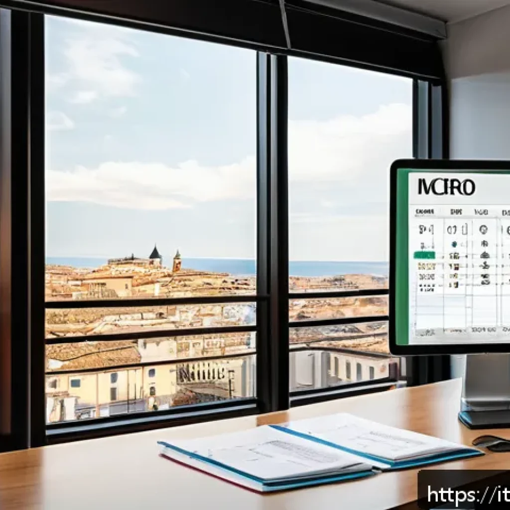 세무사 엑셀 사용 꿀팁 - A professional Italian accountant’s modern office setting, with a sleek computer screen displaying a...
