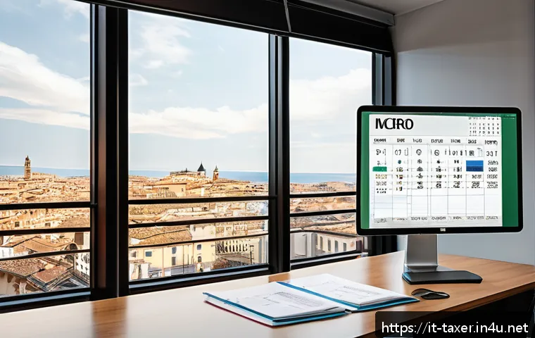 세무사 엑셀 사용 꿀팁 - A professional Italian accountant’s modern office setting, with a sleek computer screen displaying a...