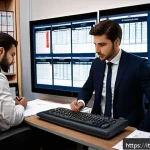 세무사 시험 난이도 - A modern Italian tax consultant office scene featuring a young professional in business attire worki...