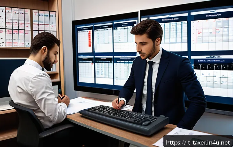 세무사 시험 난이도 - A modern Italian tax consultant office scene featuring a young professional in business attire worki...