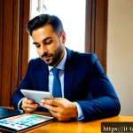 세무사와 재무 분석 - Photorealistic Italian tax advisor in a refined Milan office, seated with a small-business owner at ...