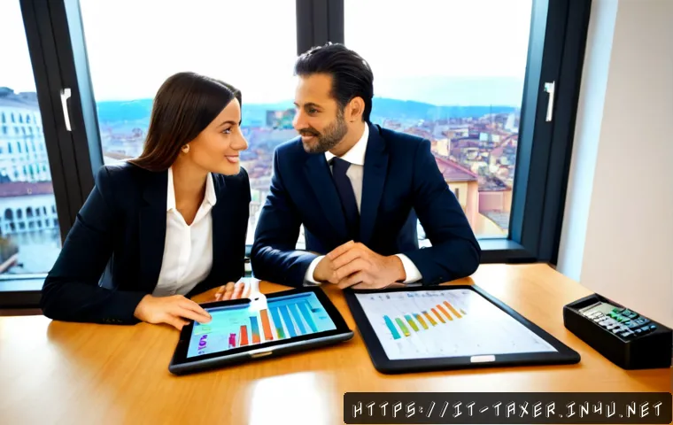 세무사와 중견기업 세금 최적화 - Photorealistic Italian tax advisor consulting with two mid-sized manufacturing company executives in...